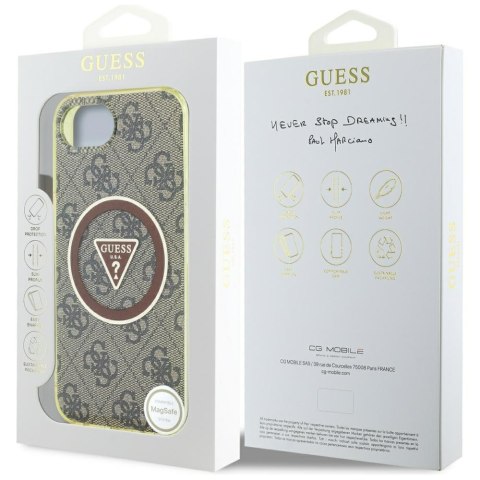 Etui Guess IML Metal Glitter 4G Circle Triangle MagSafe do iPhone 16e brązowy