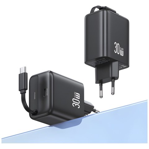 USAMS Ład. siec. 1xUSB-C ze zwijanym kablem USB-C Retractable PD+QC 30W Gan Fast Charging czarny/black YC Series CC241TC01 (US-C