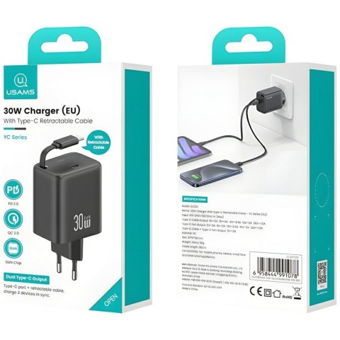 USAMS Ład. siec. 1xUSB-C ze zwijanym kablem USB-C Retractable PD+QC 30W Gan Fast Charging czarny/black YC Series CC241TC01 (US-C