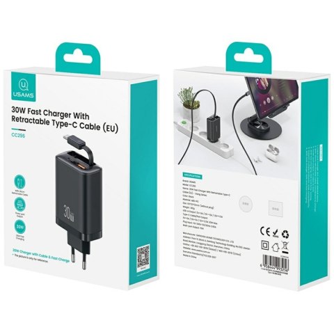 Ładowarka sieciowa USAMS Xiang Series CC296 30W 1xUSB-C 1xUSB-A + kabel USB-C czarny