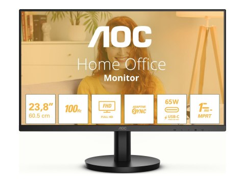 AOC 24B3CA2 | 23,8 " | IPS | FHD | 100 Hz | 1 ms | 1920 x 1080 pikseli | 250 cd/m² | Porty HDMI w ilości 1 | Czarny