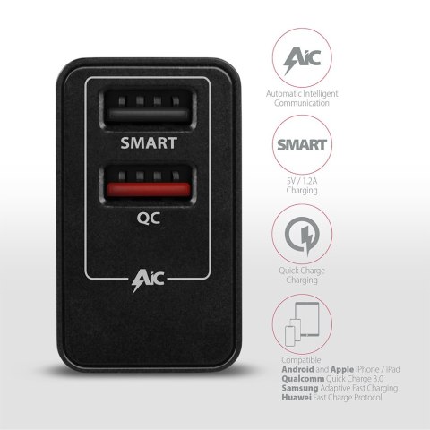 AXAGON Dual wallcharger 240V/2x USB port QC3.0/AFC/FCP and 5V-1.2A, 24W | ACU-QS24