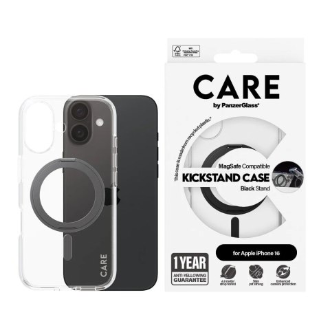 CARE by PanzerGlass Feature Case Transparent w. Black Kickstand & MagSafe iPhone 16 | CARE
