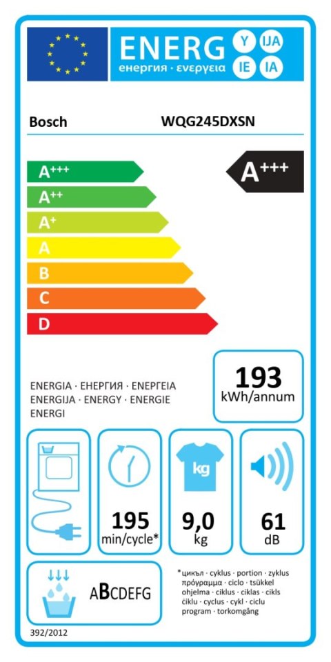 Bosch Dryer Machine with Heat Pump | WQG245DXSN | Energy efficiency class A+++ | Front loading | 9 kg | Condensation | LCD | Dep