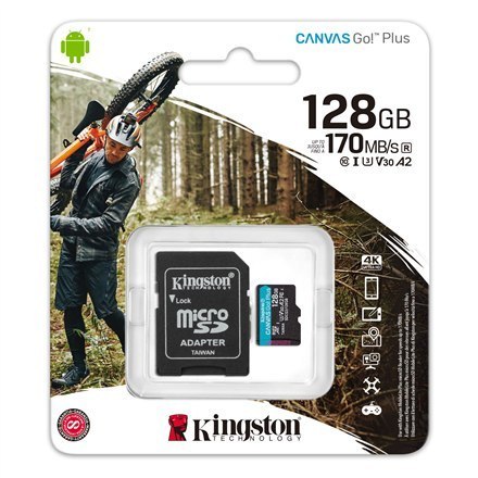 Kingston | microSD | Canvas Go! Plus | 128 GB | MicroSD | Pamięć flash klasy 10 | Adapter SD