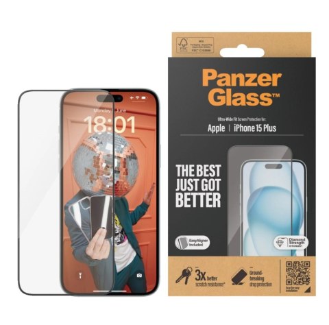 PanzerGlass | Ochraniacz ekranu - szkło | Apple iPhone 15 Plus | Szkło hartowane | Czarny | Przezroczysty