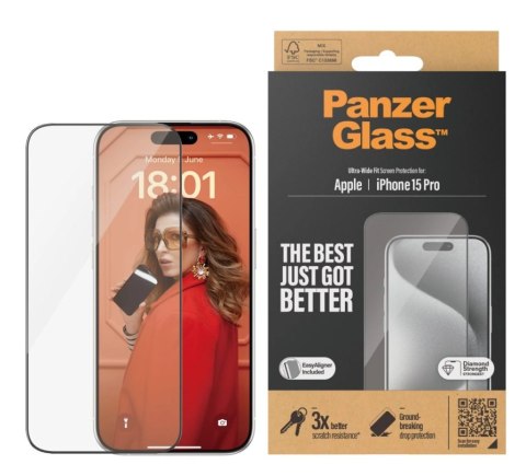 PanzerGlass | Ochraniacz ekranu - szkło | Apple iPhone 15 Pro | Szkło hartowane | Czarny | Przezroczysty
