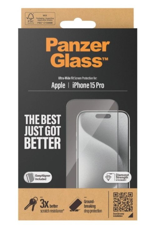 PanzerGlass | Ochraniacz ekranu - szkło | Apple iPhone 15 Pro | Szkło hartowane | Czarny | Przezroczysty
