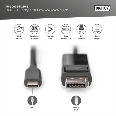 DIGITUS USB Type-C DisplayPort Bi-Directional Adapter Cable, 2 m | Digitus