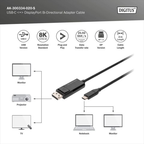 DIGITUS USB Type-C DisplayPort Bi-Directional Adapter Cable, 2 m | Digitus