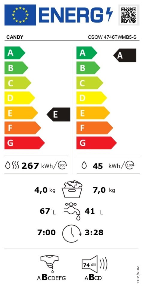Pralka Candy z suszarką | CSOW 4746TWMB5-S | Klasa efektywności energetycznej A/E | Ładowana od frontu | Pojemność prania 7 kg |