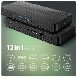 Stacja dokująca AXAGON HMC-U4 USB4, 3x USB-A, 2x USB-C, HDMI & DP 8K/30Hz, RJ-45, SD/mSD, audio, PD | AXAGON