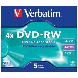 Verbatim DVD-RW, Matt Silver, 43285, 4.7GB, 4x, jewel box, 5-pack, bez możliwości nadruku, 12cm, do archiwizacji danych