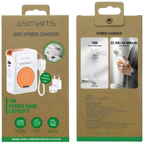 Ładowarka hybrydowa 4smarts 6w1 USB-C/USB-A PD 20W z powerbankiem 10 000 mAh, ładowanie indukcyjne Qi, kabel USB-C, sto