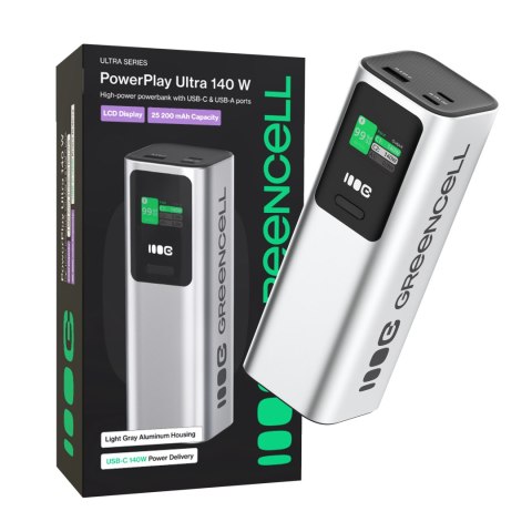 Greencell power bank 25200mAh 140W PD USB-C z szybkim ładowaniem do Laptop, MacBook, iPhone 16 15 14 do max, Samsung Galaxy S25