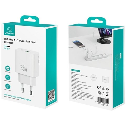 Ładowarka sieciowa USAMS CC317 T65 33W 1xUSB-C 1xUSB-A Fast Charging biały