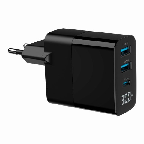 GEMBIRD 3-PORTOWA SZYBKA ŁADOWARKA SIECIOWA GAN (PD) USB (2X USB-A + 1X USB TYP-C), 30W, LCD, CZARNA