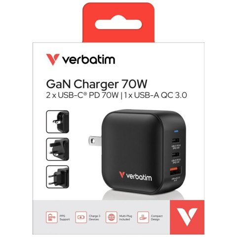 Ładowarka sieciowa Verbatim Mini GaN 70W 2xUSB-C PD/1x USB-A QC czarny 32229