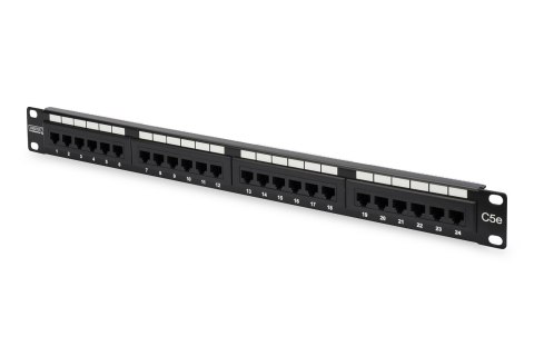 Digitus | Patch Panel | DN-91524U | Czarny | Kategoria: CAT 5e; Porty: 24 x RJ45; Wytrzymałość: 7,7 kg; Siła wkładania: 30N max 