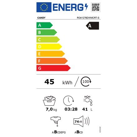 Candy | RO41276DWMCRT-S | Washing Machine | Energy efficiency class A | Front loading | Washing capacity 7 kg | 1200 RPM | Depth