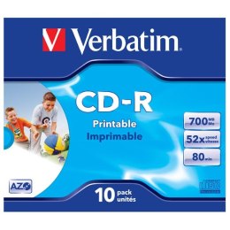 Verbatim CD-R, 43325, AZO Wide Inkjet Printable, 10-pack, 700MB, 52x, 80min., 12cm, jewel box, do archiwizacji danych