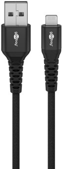 Goobay Kabel Lightning USB-A Supersoft Textile z metalowymi wtyczkami, 2 m, czarny