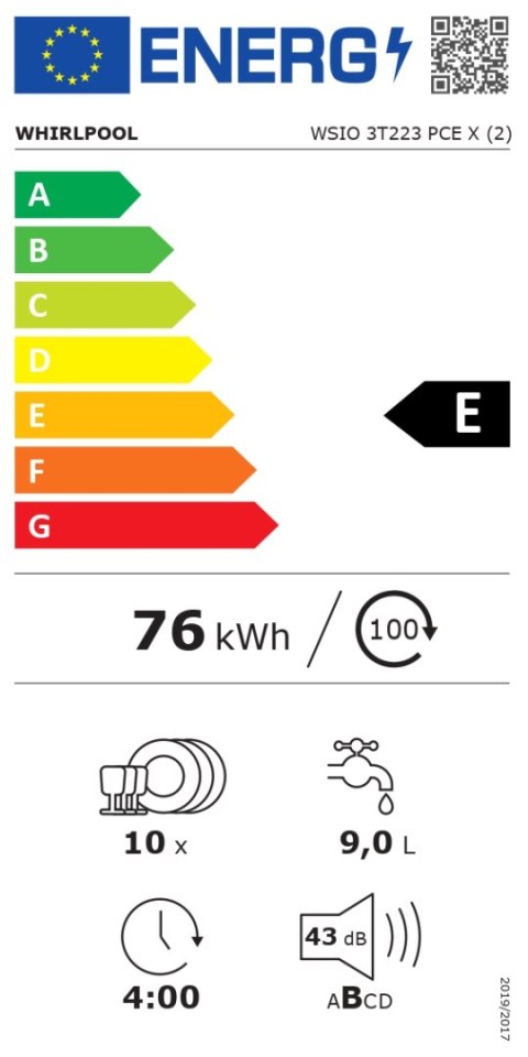 Zmywarka Whirlpool | WSIO 3T223 PCE X | Do zabudowy | Szerokość 45 cm | Liczba kompletów naczyń 10 | Liczba programów 7 | Klasa 