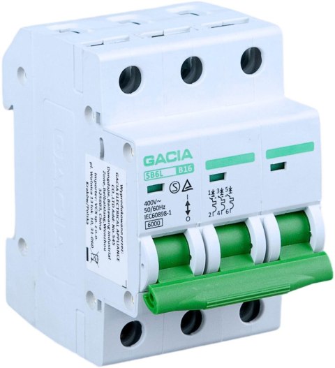Wyłącznik nadmiarowoprądowy,6kA,B,3-pola,6A GACIA SB6L B 3P 6A