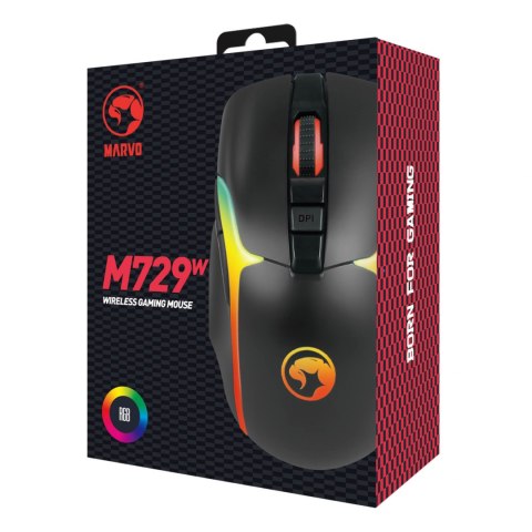 Marvo Mysz M729W, 4800DPI, 2.4 [GHz], optyczna, 7kl., bezprzewodowa, czarna, 1 szt wbudowany akumulator, do gry, podświetlona