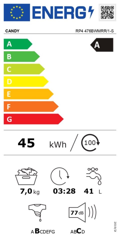 Candy | Washing Machine | RP4 476BWMRR/1-S | Energy efficiency class A | Front loading | Washing capacity 7 kg | 1400 RPM | Dept