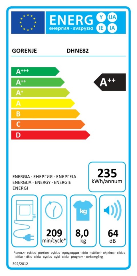 Gorenje Dryer Machine | DHNE82 | Energy efficiency class Class A++ | Front loading | 8 kg | LED | Depth 55 cm | White