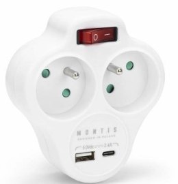 Rozgałęźnik sieciowy podwójny z wyłącznikiem + USB-A + USB-C MONTIS MT144-WH biały
