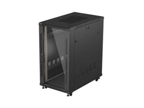 Szafa instalacyjna Rack stojąca 19" 22U 600x1000 Czarna drzwi przeszklone Lanberg (flat pack)