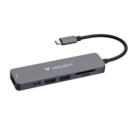 USB-C Hub wieloportowy 6-port, 32156, szary, długość kabla 18 cm, Verbatim, USB-C PD, USB-A 3.2 Gen 1, USB-A 2.0, SD a microSD