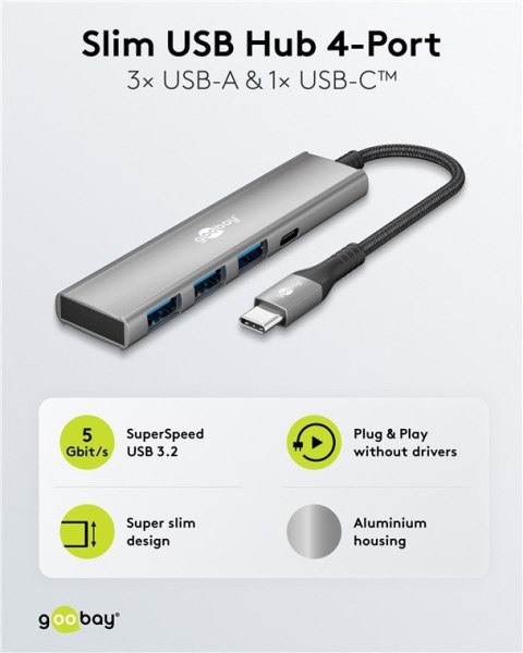Goobay 76562 Slim 4-portowy koncentrator USB, USB-C auf USB-C™/USB-A, 5 Gbit/s, szary