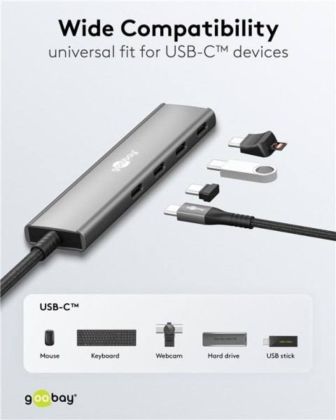 Goobay 76564 Slim 4-portowy koncentrator USB, USB-C™ auf USB-C™, 5 Gbit/s, szary
