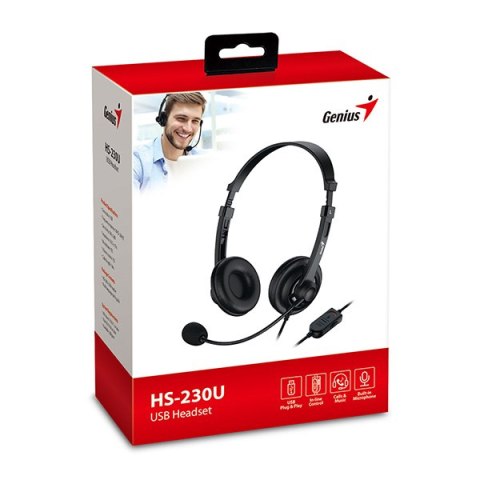 Genius HS-230U, słuchawki z mikrofonem, przewodowa, czarna, USB