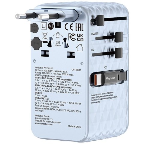 Verbatim, 1x USB-C, 1X USB-A + 2x zintegrowane kable USB-C, niebieska, 70 W