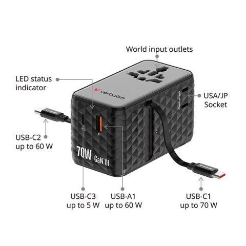 Verbatim, 1x USB-C, 1X USB-A + 2x zintegrowane kable USB-C, niebieska, 70 W