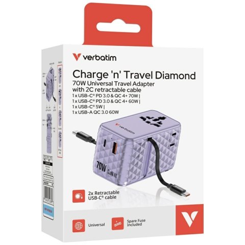 Verbatim Adapter podróżny EU/UK/US GaN 1xUSB-C/1xUSB-A/2xUSB-C PD 70W fioletowy 30188