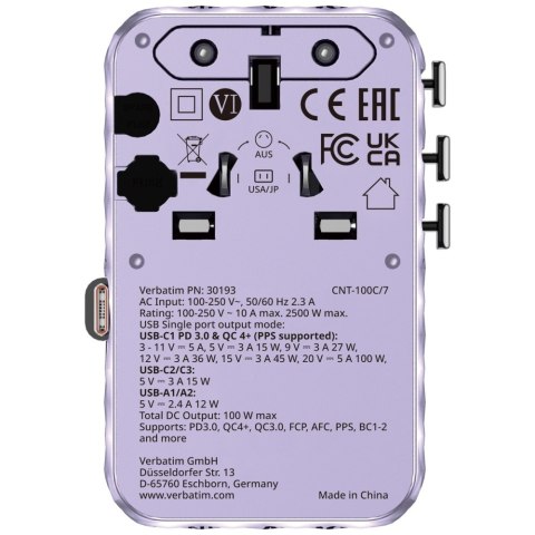 Verbatim Adapter podróżny EU/UK/US GaN 2xUSB-C/2xUSB-A/1xUSB-C PD 100W fioletowy 30193