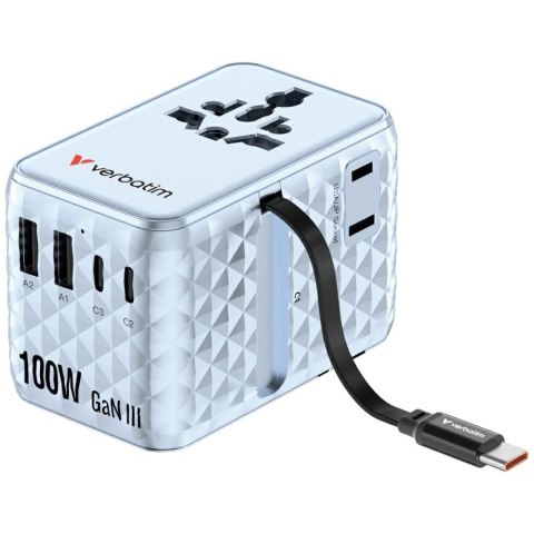 Verbatim Adapter podróżny EU/UK/US GaN 2xUSB-C/2xUSB-A/1xUSB-C PD 100W niebieski 30192