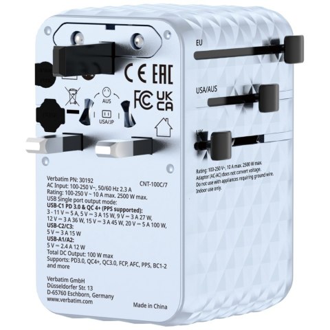 Verbatim Adapter podróżny EU/UK/US GaN 2xUSB-C/2xUSB-A/1xUSB-C PD 100W niebieski 30192
