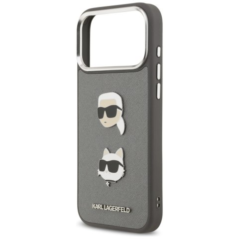 Etui Karl Lagerfeld FW Grained Karl & Choupette Heads Pins & Logo do iPhone 17 Pro Max szary