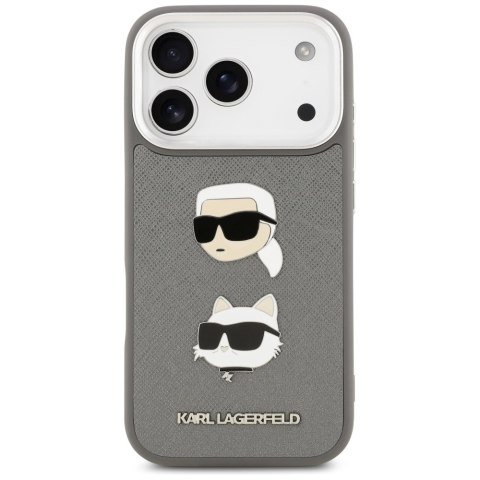 Etui Karl Lagerfeld FW Grained Karl & Choupette Heads Pins & Logo do iPhone 17 Pro szary