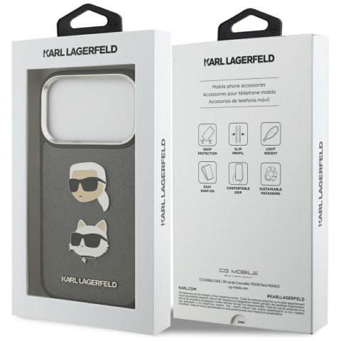 Etui Karl Lagerfeld FW Grained Karl & Choupette Heads Pins & Logo do iPhone 17 Pro szary