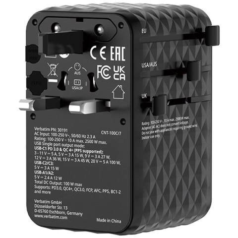 Verbatim, 2x USB-C, 2X USB-A + 1x zintegrowany kabel USB-C, czarna, 100 W