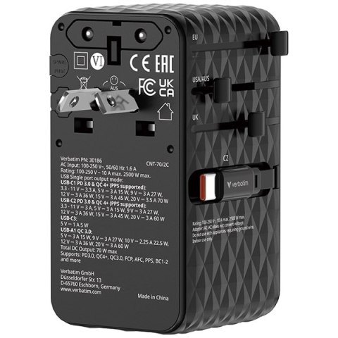 Verbatim, Uniwersalny adapter podróżny Charge ,n, Travel 1x USB-C, 1X USB-A + 2x zintegrowane kable USB-C, czarna, 70 W