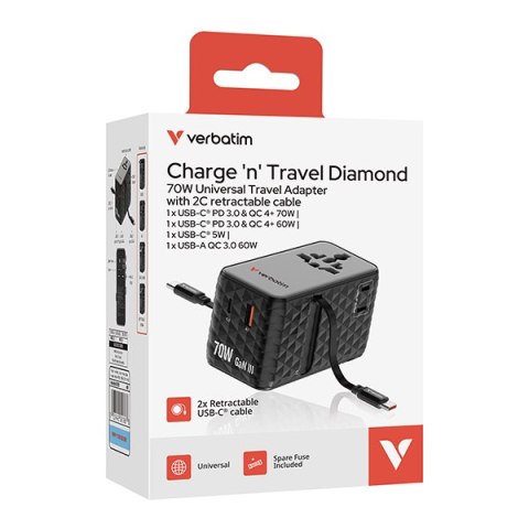Verbatim, Uniwersalny adapter podróżny Charge ,n, Travel 1x USB-C, 1X USB-A + 2x zintegrowane kable USB-C, czarna, 70 W