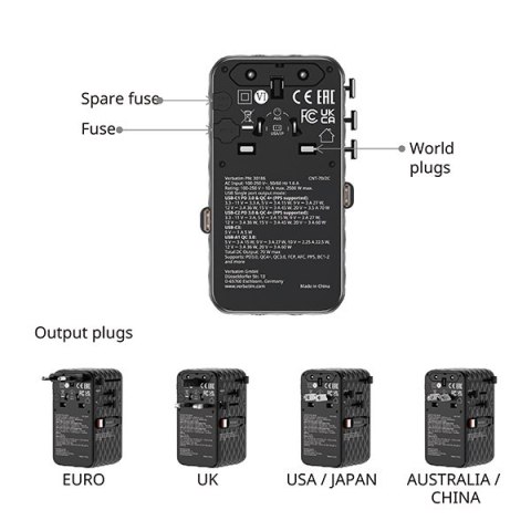 Verbatim, Uniwersalny adapter podróżny Charge ,n, Travel 1x USB-C, 1X USB-A + 2x zintegrowane kable USB-C, fioletowy, 70 W